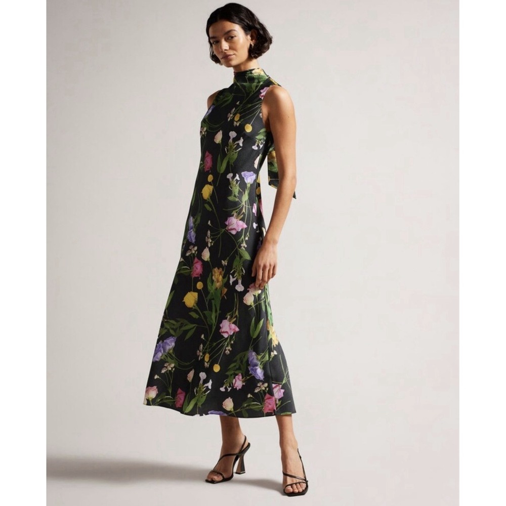 Ted Baker Floral Midi‎ Dress High Neck Sleeveless Black Romantic Garden Party M